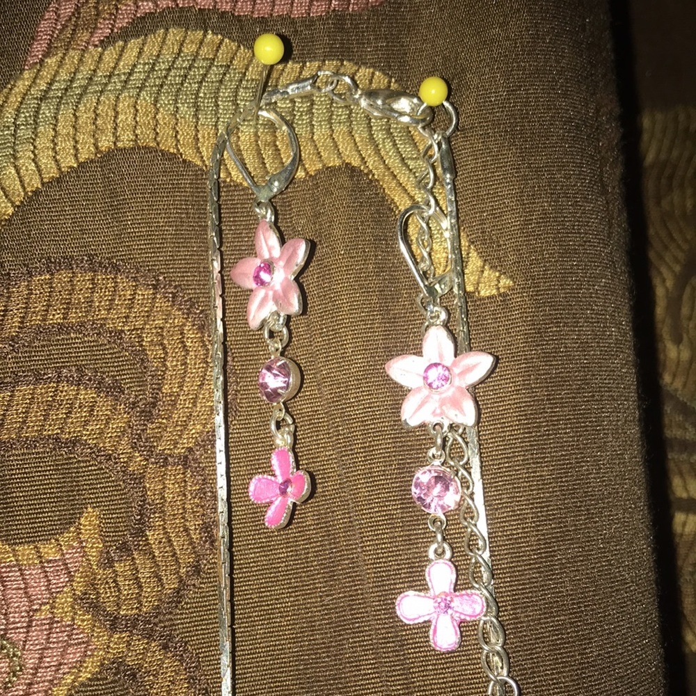 Pink Flowers Rhinestone Drop Layered Set NWOT - Picture 10 of 17